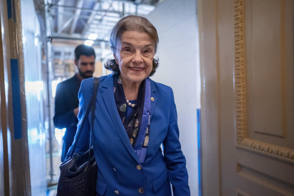 FILE - Sen. Dianne Feinstein, D-Calif., walks through a Senate corridor at the Capitol in Washington, Feb. 14, 2023. (AP Photo/J. Scott Applewhite, File)