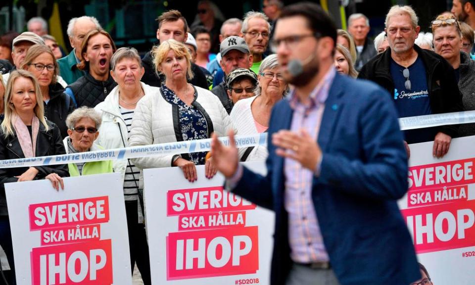 Sweden Democrats leader Jimmie Åkesson giving a speech in Landskrona, southern Sweden.