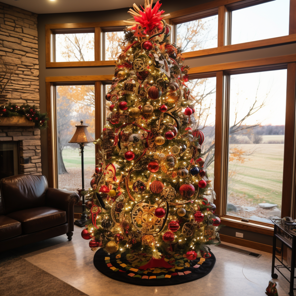 a tall and grand Christmas tree in front of windows in a living room that's covered in warm lights and lots of shiny, classy bulb ornaments with a ribbon-like structure on top