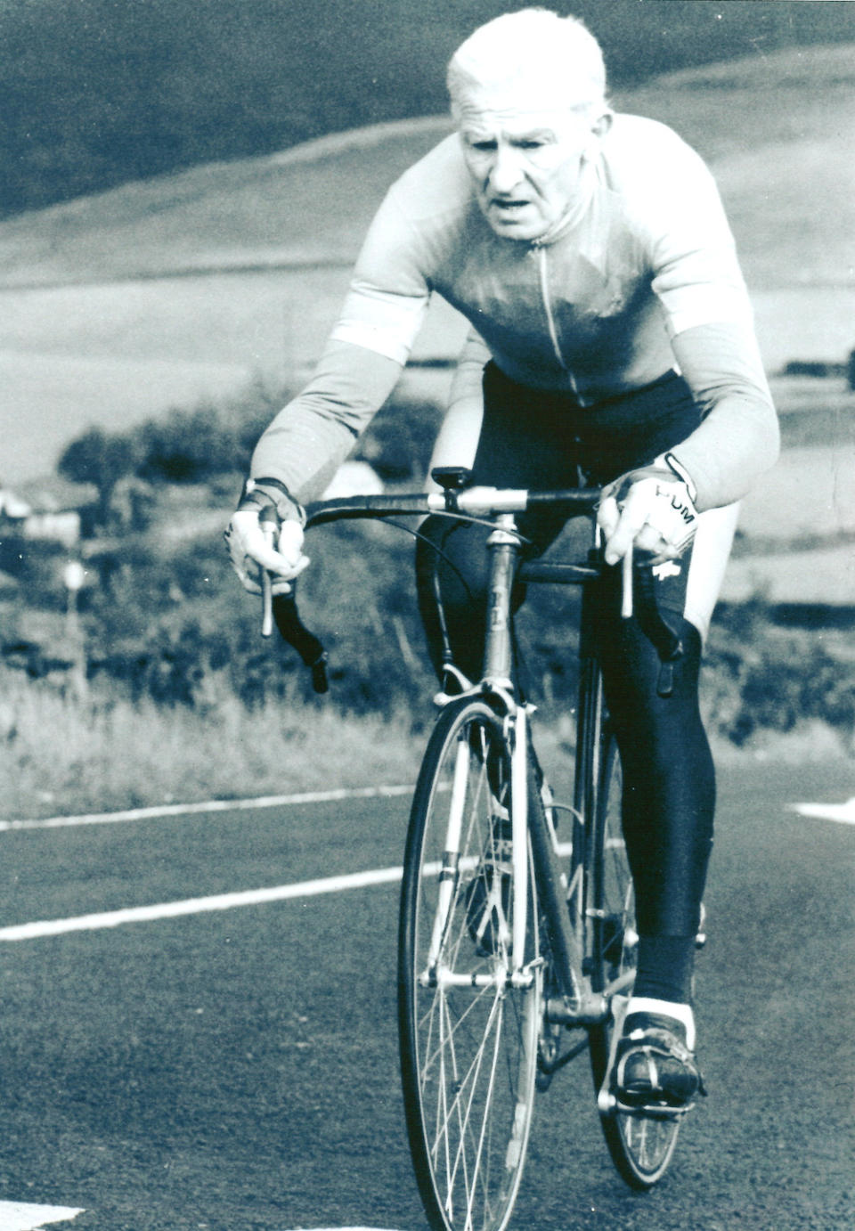  Ron Longstaff riding in Derbyshire - unknown date. See SWNS copy SWLECYCLE: Britain's oldest cyclist still clocks up a staggering 150 miles per week after pushing the pedals for more than 70 years and has no plans to stop - at the grand age of 93. Sprightly grandad Ron Longstaff has cycled more than a million miles since being bought his first lightweight racing bike by his father in 1946. The pedal-powered pensioner, who has a collection of 11 bikes, still gets out on the road three times a week and has no intention of hitting the brakes just yet.