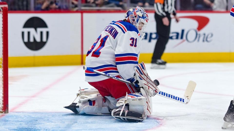 Apr 2, 2023; Washington, District of Columbia, USA; New York Rangers goaltender Igor Shesterkin (31) makes first period save against the Washington Capitals at Capital One Arena.