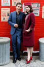 <p>Michael Zegen and Rachel Brosnahan pose for a photo while filming on June 4. </p>