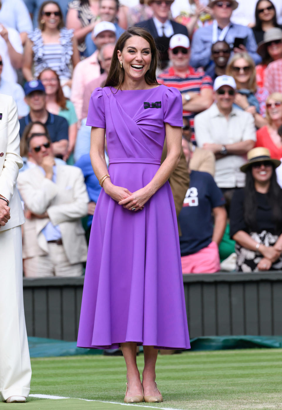 The Princess of Wales looked pretty in purple at the men's final of the Wimbledon Tennis Championships on July 14 in London. (Photo by Karwai Tang/WireImage)