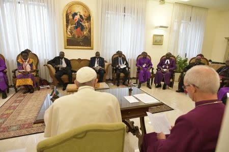 Pope Francis attends a meeting at the end of a two day Spiritual retreat with South Sudan leaders at the Vatican, April 11, 2019. Vatican Media/­Handout via REUTERS