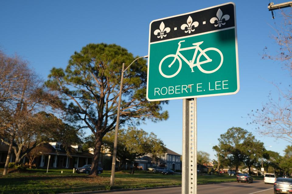A sign denoting a bike path along Robert E. Lee Boulevard in New Orleans, La. The New Orleans City Council may soon approve renaming the street for famed local musician Allen Toussaint.