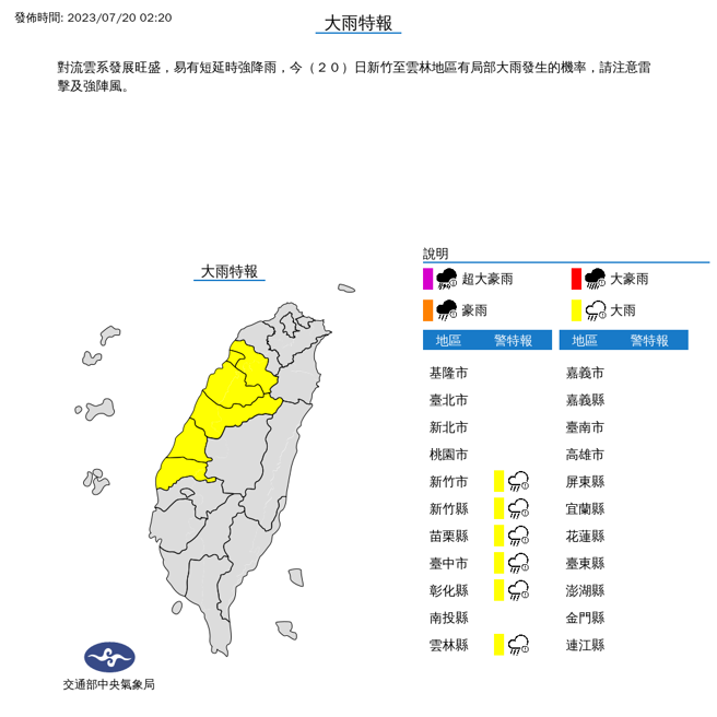 中央氣象局在20日凌晨02:20，針對新竹市、新竹縣、苗栗縣、台中市、彰化縣和雲林縣發布大雨特報。(圖／氣象局)