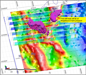 Fig. 1 - Gradient Array-Dipole IP Chargeability with first drill hole location Yalgogrin Gold Property