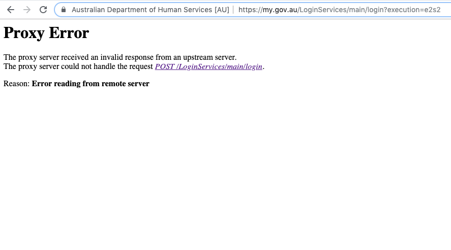 Pictured: Error sign myGov users receive when they attempt to access the site which has crashed. Image: myGov