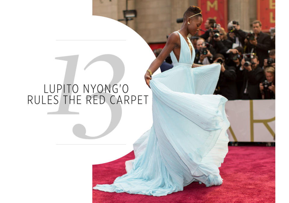 <p>From her stunning red Ralph Lauren gown at the Golden Globes to her emerald green Dior dress at the BAFTA’s, to her “Nairobi blue” number at the Oscars, this rising star nails her color wheel of bold color looks on the red carpet.</p>