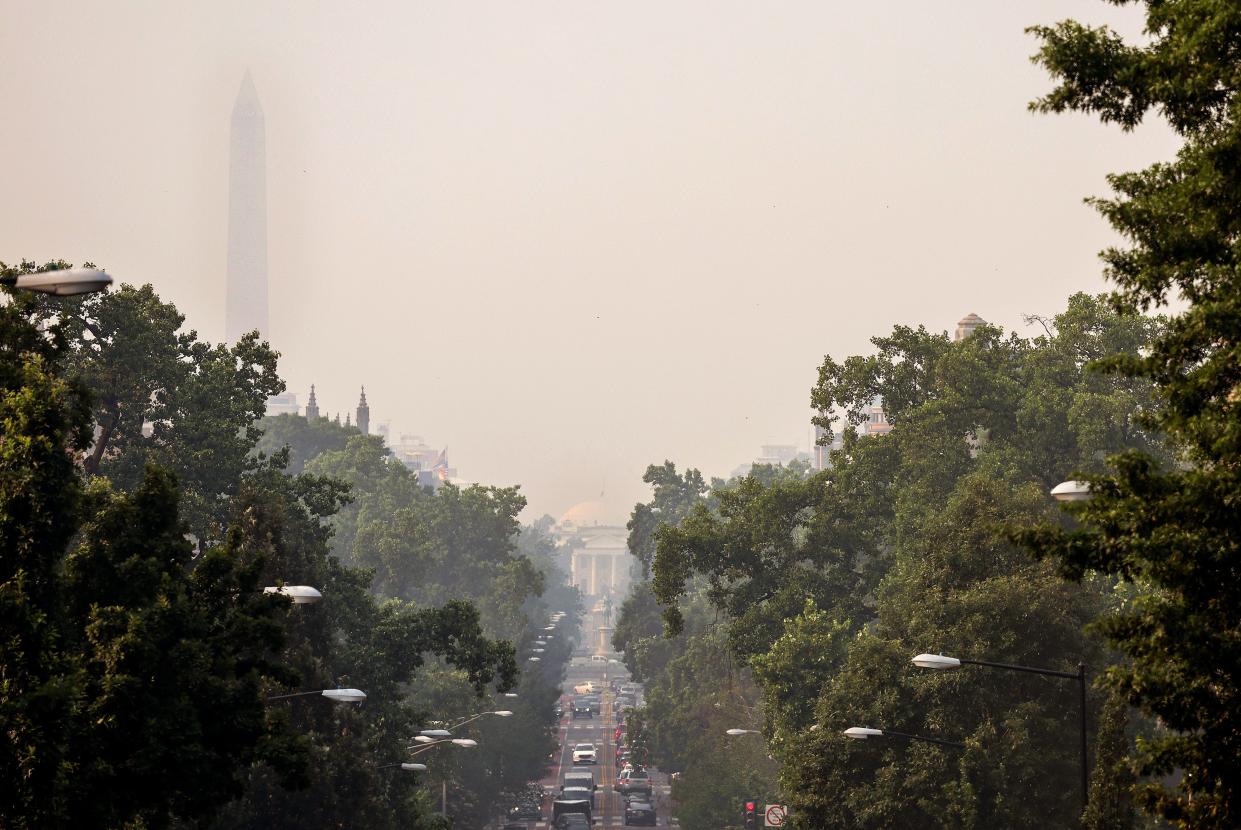 The White House is seen through hazy skies caused by Canadian wildfires on June 07, 2023 in Washington, DC. The Washington DC area is under a Code Orange air quality alert indicating unhealthy air for some members of the general public.