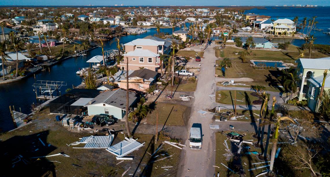 An aerial view of hurricane damage on the southern tip of St. James City on Friday, Sept. 30, 2022, in Pine Island, Florida. Hurricane Ian made landfall on the coast of Southwest Florida as a Category 4 storm on the afternoon of Sept. 28, leaving flooded streets, downed trees and scattered debris.