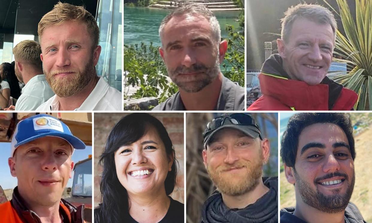 <span>The killed aid workers (top row left to right:) James Henderson, James Kirby and John Chapman; (bottom row left to right): Damian Sobol, Lalzawmi Zomi Frankcom, Jacob Flickinger and Saif Issam Abu Taha</span><span>Composite: World Central Kitchen/Getty Images</span>