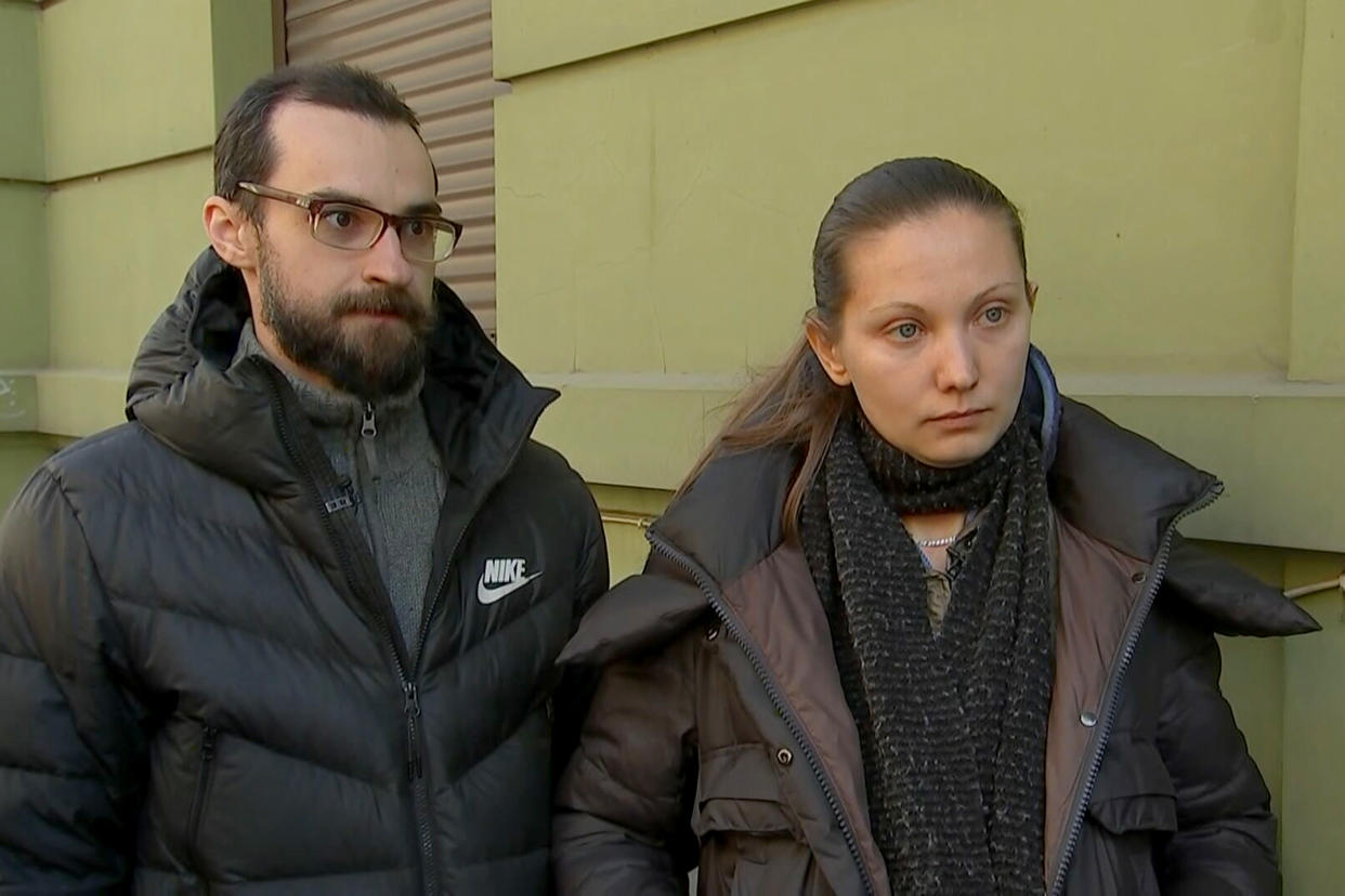 Stanislav and Irina Ivanov say they fear for their relatives who have not been able to escape from Mariupol. (Bill Angelucci / NBC News)