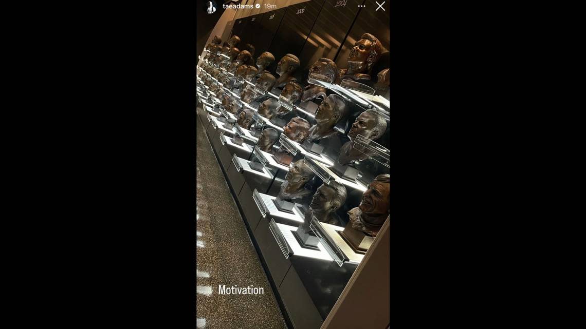 Las Vegas Raiders WR Davante Adams takes in the Hall of Fame busts in Canton, Ohio.