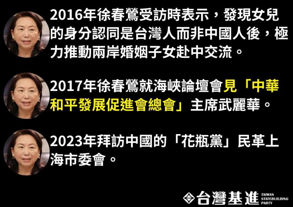 台灣基進不分區立委參選人楊佩樺列舉徐春鶯長期被中國官媒當作統戰樣板的報導內容及其充滿中國認同的發言，指徐春鶯長期與中國統戰部單位、官員有交流。   圖：取自台灣基進臉書