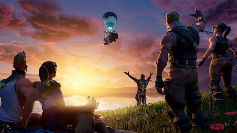 A screenshot shows Fortnite players waving goodbye to a floating bus. 