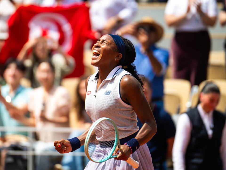 Coco Gauff reacts after winning the quarterfinal of the 2024 French Open.