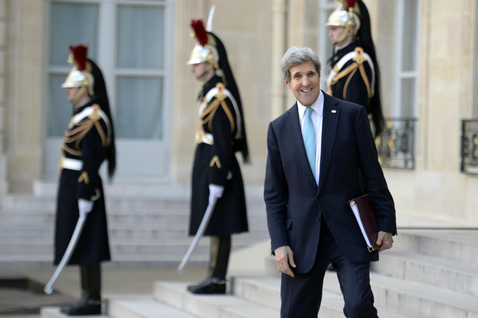 U.S. Secretary of State John Kerry leaves the Elysee presidential palace after a joint meeting of the International Support Group for Lebanon at the Elysee presidential palace in Paris, on March 5, 2014. Dignitaries from France, the United States, Russia, the United Kingdom, and other European countries met in Paris to discuss the impact on Lebanon of the ongoing violent conflict in Syria, as well as the current crisis in Ukraine. (Photo credit should read MARTIN BUREAU/AFP/Getty Images)