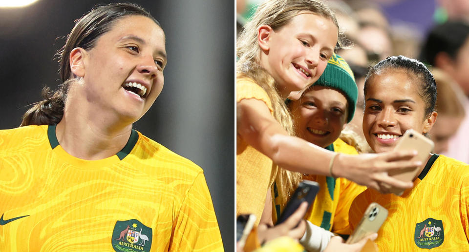 Pictured left to right are Matildas stars Sam Kerr and Mary Fowler.
