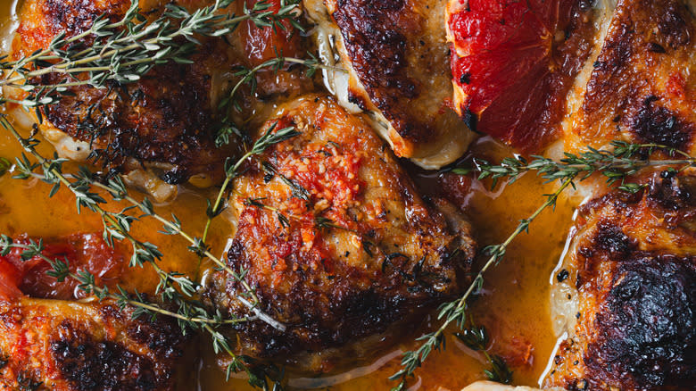 Close up on chicken in pan with grapefruit and thyme