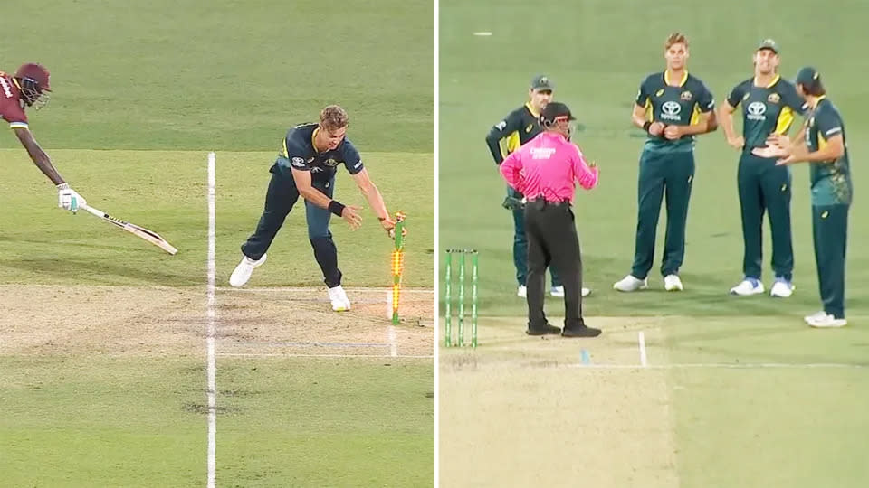 Seen here, Alzarri Joseph is short of his crease, but umpire Gerard Abood didn't hear the Australians appeal. 