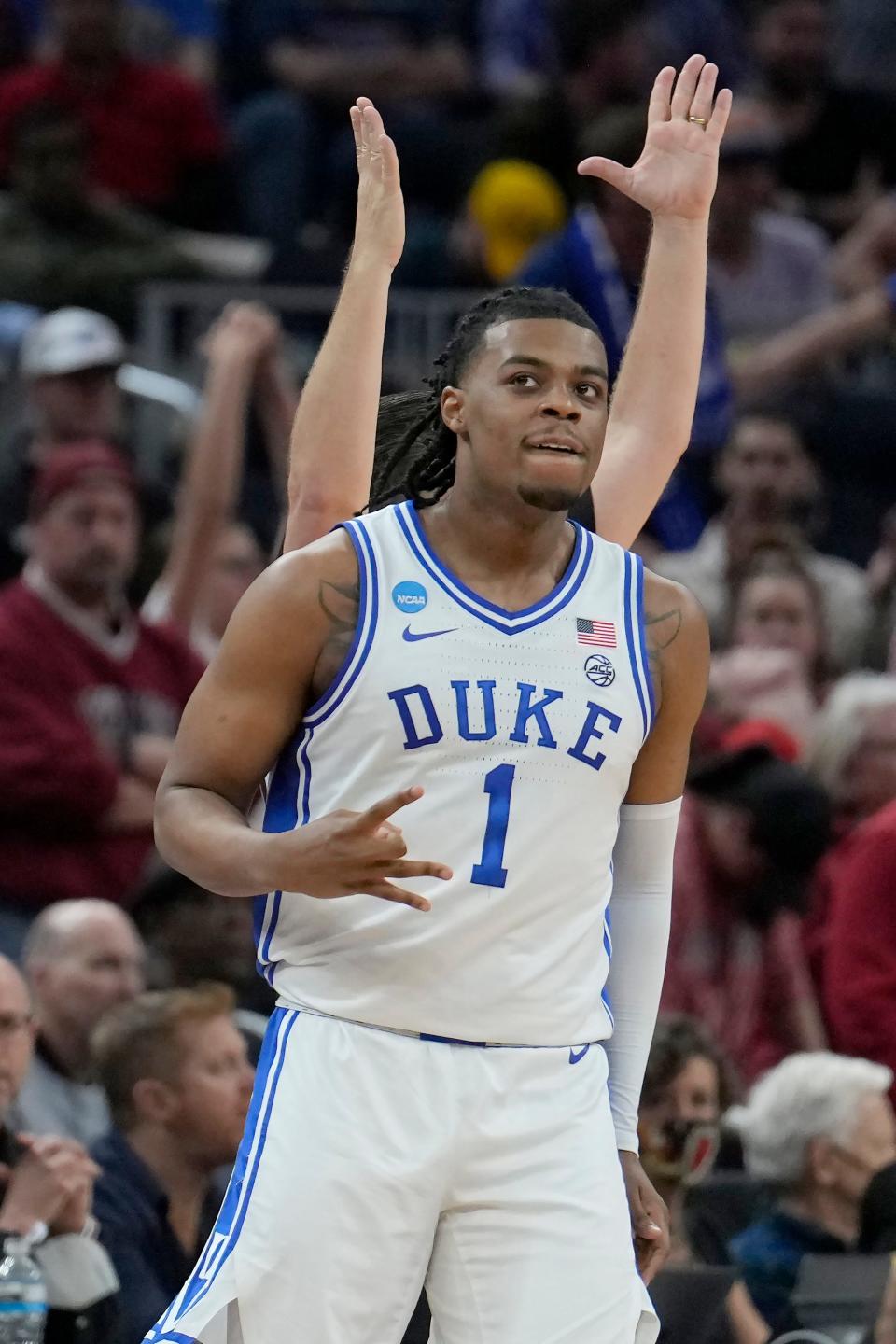 Duke guard Trevor Keels (1) gestures during the first half of a college basketball game against Arkansas in the Elite 8 round of the NCAA men's tournament in San Francisco, Saturday, March 26, 2022. (AP Photo/Tony Avelar)