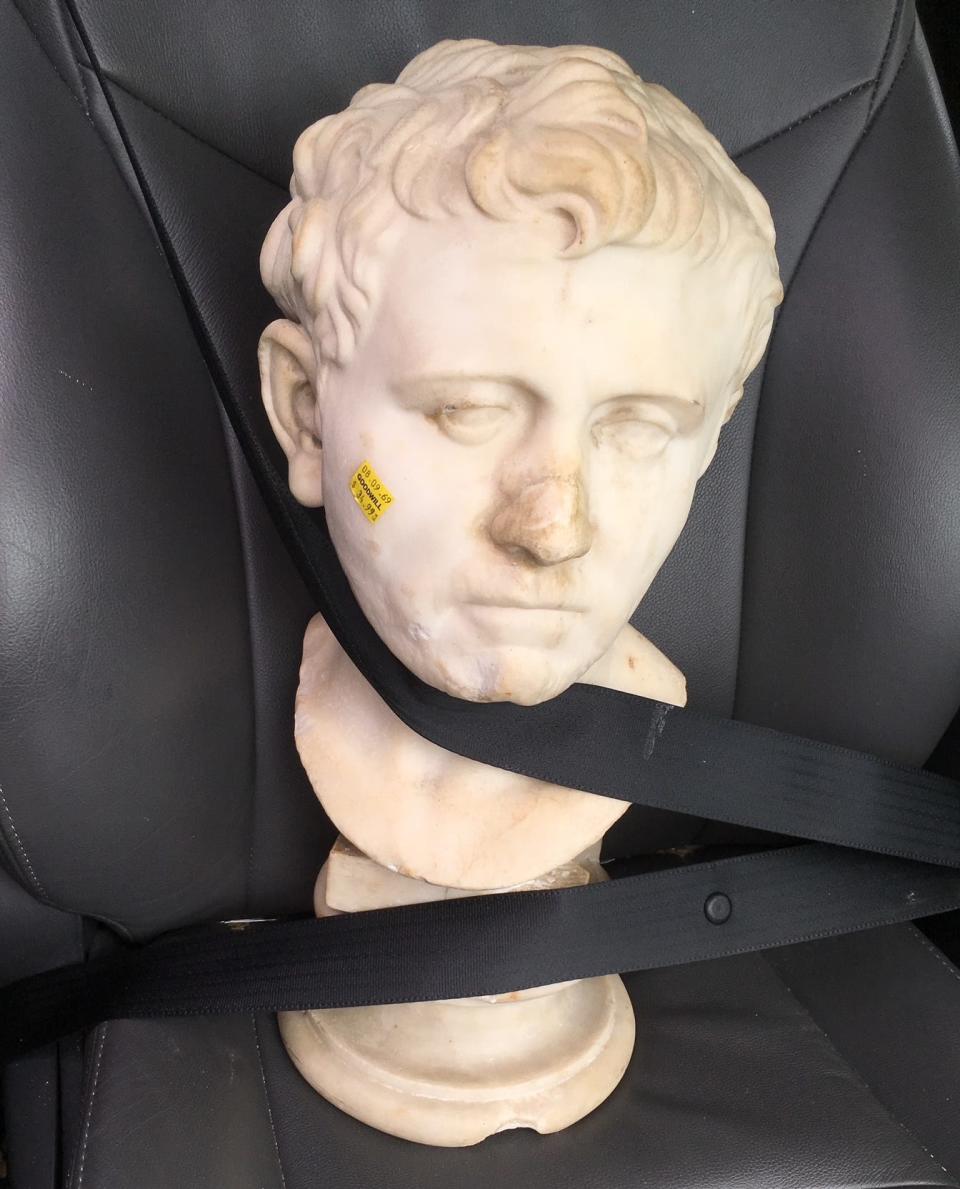 The Roman bust after it was bought by Laura Young. It was sold at a Goodwill in Austin, Texas for $34.99.