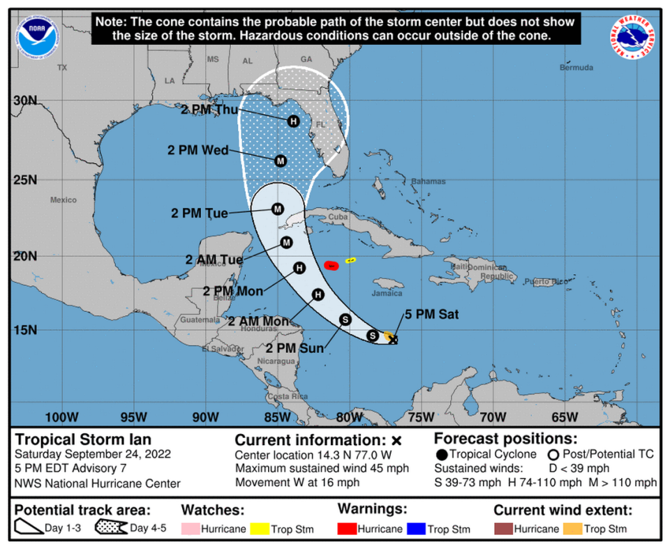 The forecast cone of uncertainty for Tropical Storm Ian as of 5 p.m. Saturday, from the National Hurricane Center.