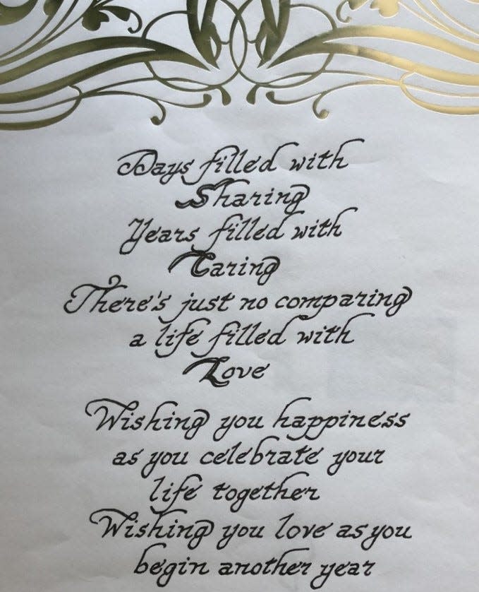 Arlene and Arthur Constant received this handwritten message slipped under their door on their 70th anniversary by Bill Householder, a neighbor at Linden Ponds in Hingham.