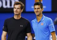 Andy Murray (L) of Britain and Novak Djokovic of Serbia pose for pictures before their men's singles final match at the Australian Open 2015 tennis tournament in Melbourne February 1, 2015. REUTERS/Issei Kato