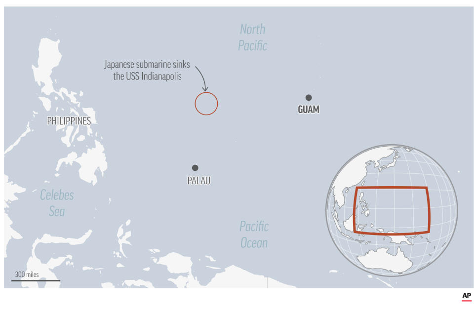 Map locates the wreckage of the USS Indianapolis sunk in 1945.