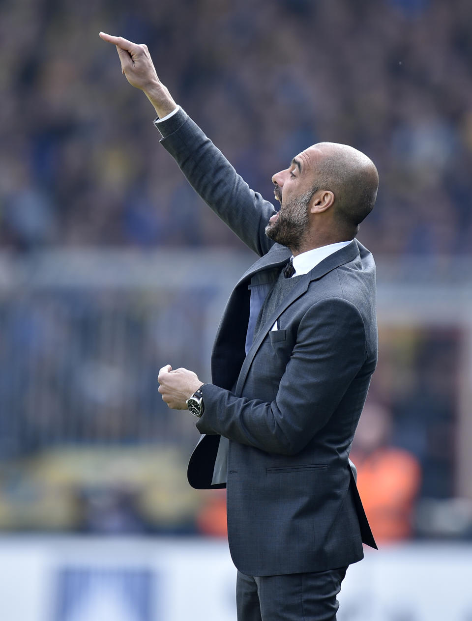 Bayern head coach Pep Guardiola of Spain shouts to his team during the German Bundesliga soccer match between Eintracht Braunschweig and Bayern Munich in Braunschweig, Germany, Saturday, April 19, 2014. (AP Photo/Martin Meissner)