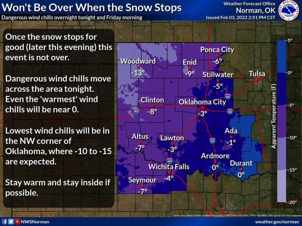 A look at wind chills across central and western Oklahoma on Friday.