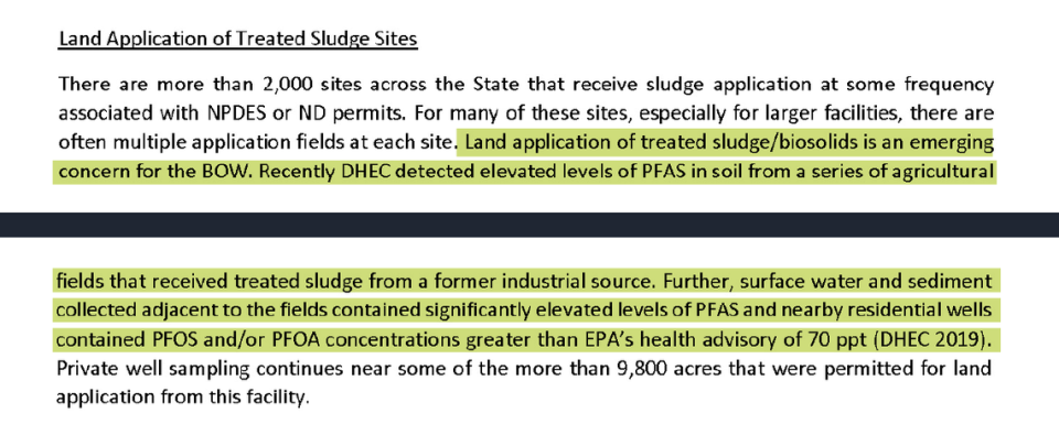 Documents from S.C. Department of Health and Environmental Control, Bureau of Water 2021. New 2023 data show South Carolina has more than 3,500 sludge fields.