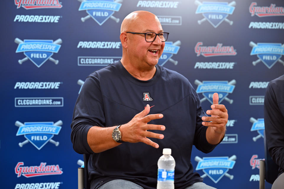 CLEVELAND, OHIO - OCTOBER 03: Former manager Terry Francona of the Cleveland Guardians talks with members of the media about his 11 years with the club at Progressive Field on October 03, 2023 in Cleveland, Ohio. (Photo by Jason Miller/Getty Images)