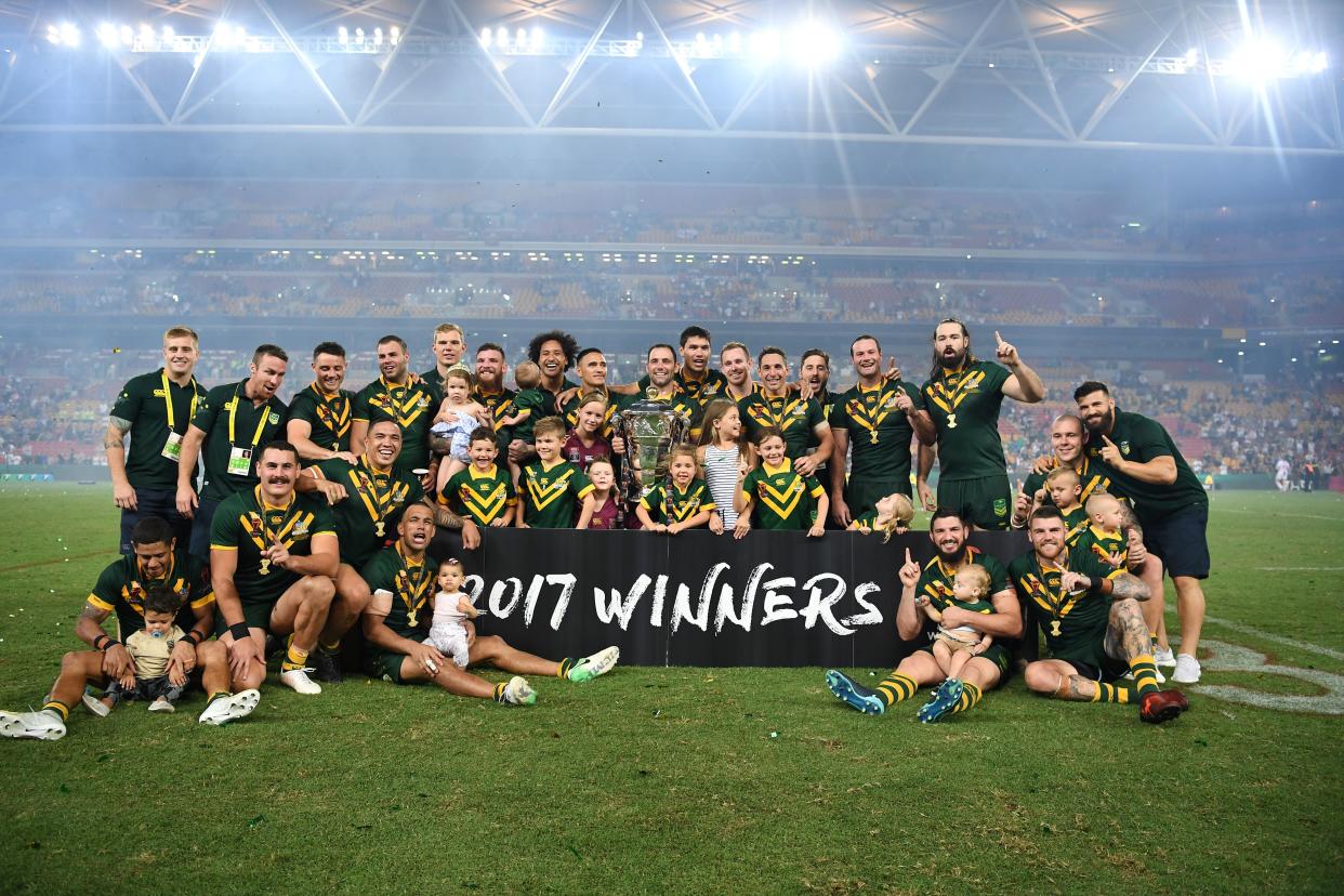 Handout photo provided by NRL Imagery of Australia posing with the trophy after the final of the 2017 Rugby League World Cup at the Suncorp Stadium, Brisbane (PA Media)