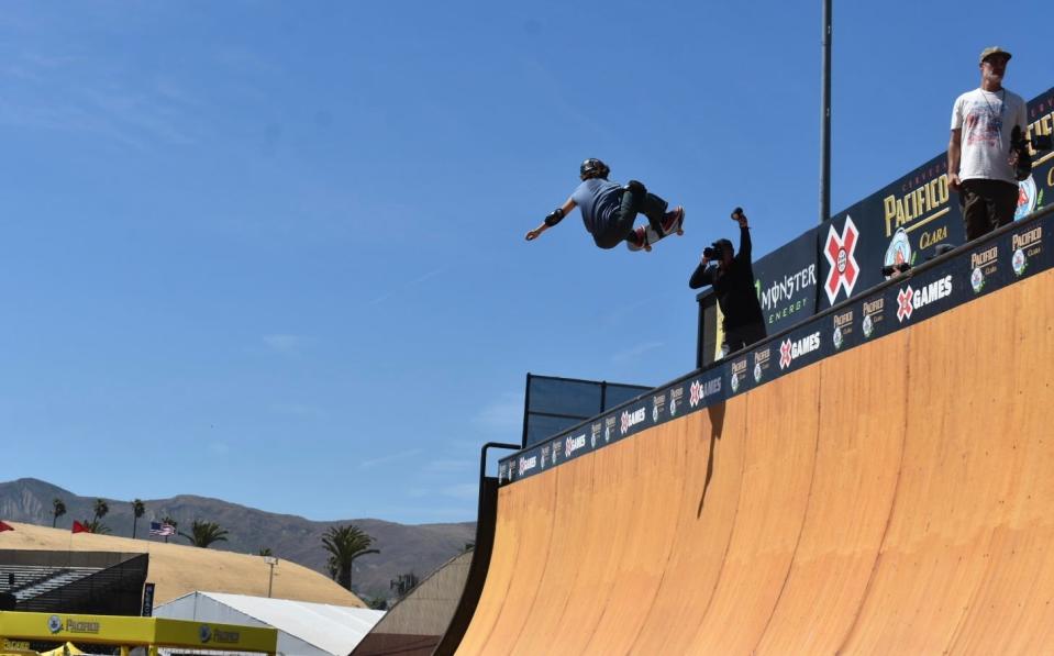 X Games athletes fly high during a vert skateboarding practice on Thursday, July 20, 2023.