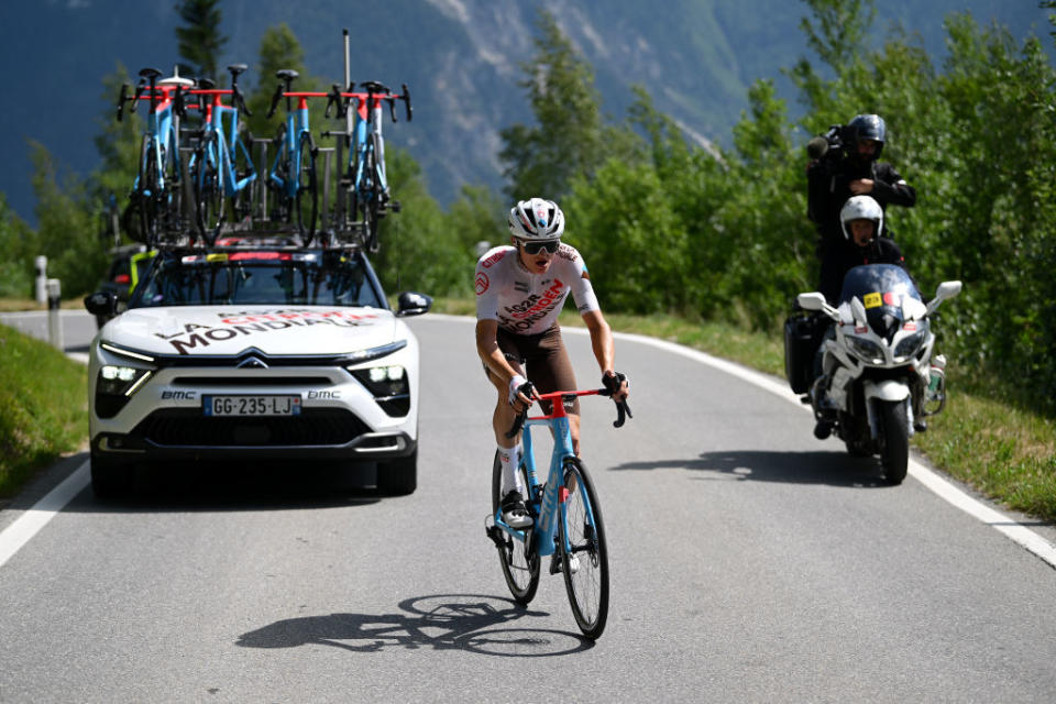 LEUKERBAD SWITZERLAND  JUNE 14 Felix Gall of Austria and Ag2R Citron Team competes in the breakaway during the 86th Tour de Suisse 2023 Stage 4 a 1525km stage from Monthey to Leukerbad 1367m  UCIWT  on June 14 2023 in Leukerbad Switzerland Photo by Dario BelingheriGetty Images