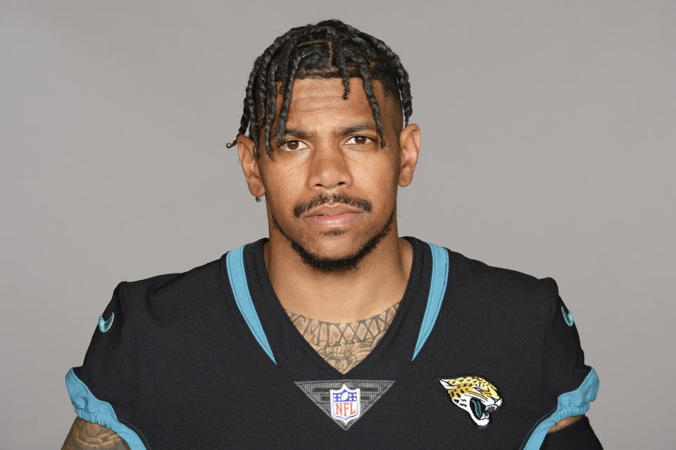 FILE - This is a 2019 photo shows Terrelle Pryor Sr. of the Jacksonville Jaguars NFL football team. Allegheny County, Pa., District Attorney spokesman Mike Manko confirmed Saturday, Nov. 30, 2019, that Pryor, a free agent, was the victim of a stabbing, but said he had no other information, such as Pryor’s condition or where and when the stabbing occurred. (AP Photo/File)