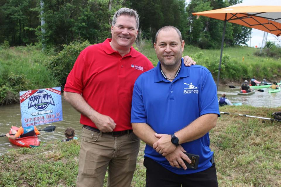 Knox County Commissioner Larsen Jay with Beaver Creek Kayak Club President Charlie Austin at the annual Beaver Creek Flotilla presented by FirstBank at Roy Arthur Stormwater Park, May 20, 2023.