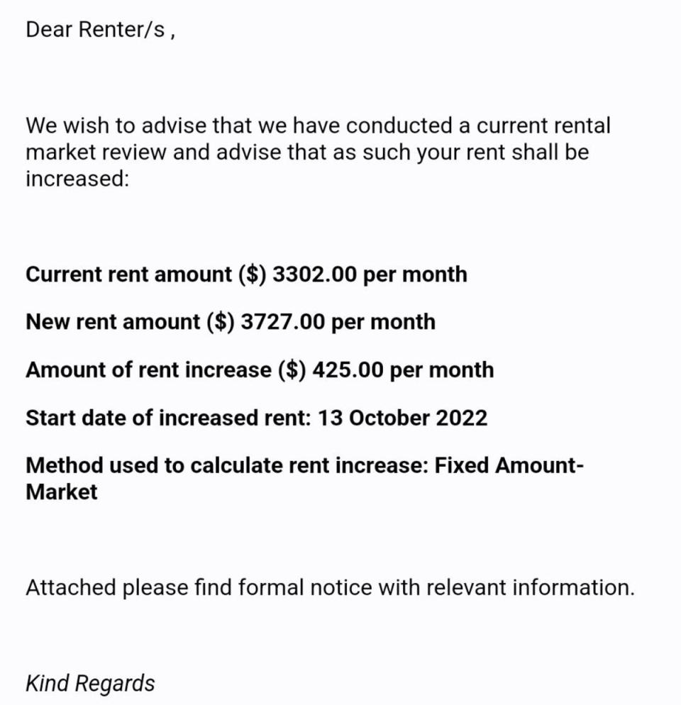 Someone's rent in Melbourne was increased by $425 per month. Source: Reddit