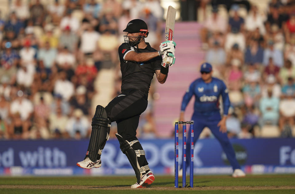 New Zealand's Daryl Mitchell bats during the second one day international cricket match between England and New Zealand, at The Ageas Bowl, Southampton, England, Sunday Sept. 10, 2023. (John Walton/PA via AP)