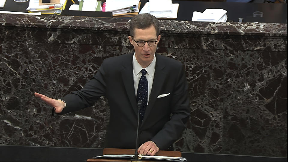 In this image from video, White House deputy counsel Patrick Philbin speaks during the impeachment trial against Trump in the Senate at the U.S. Capitol in Washington, Saturday, Jan. 25, 2020. (Senate Television via AP)