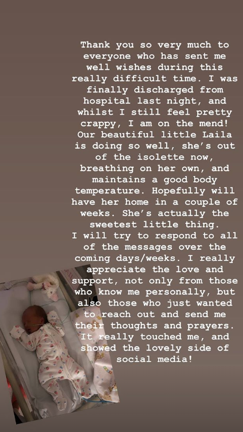 A screenshot of an Instagram Story posted by Emily Ghougassian showing a block of white text and a newborn baby in a hospital crib