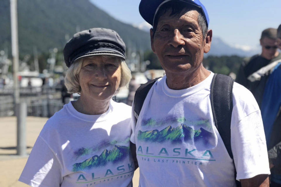 This July 2019 photo provided by Miguel Gonzalez, shows Margrit and Lucio Gonzalez in Alaska. The Gonzalez family is suing Princess Cruises and owner Carnival Corp. for negligence and wrongful death — one of dozens of lawsuits by passengers and surviving relatives. Lucio Gonzalez died of coronavirus.“They put him on a ventilator for three weeks and two days, and after that he died,” his widow said. “I never saw him alive again.” (Miguel Gonzalez via AP)