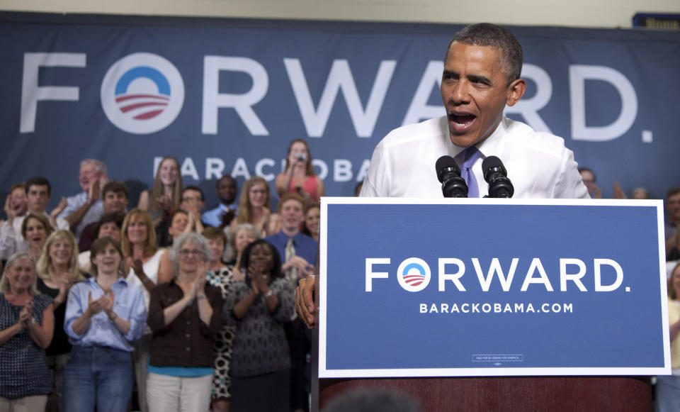 FILE - President Barack Obama speaks at Oyster River High School, Monday, June 25, 2012, in Durham, N.H. (AP Photo/Carolyn Kaster, File)