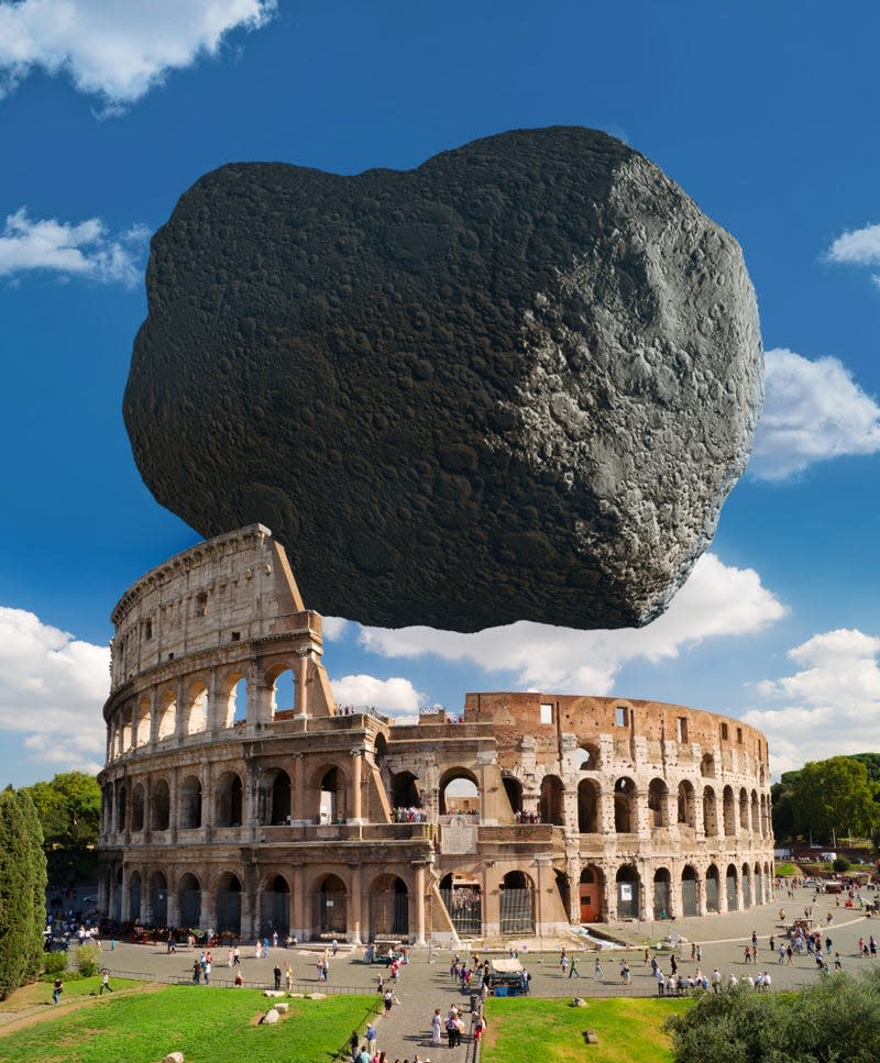 An artist's concept of Dimorphos and the Colosseum. The newly discovered asteroid is about the same size.