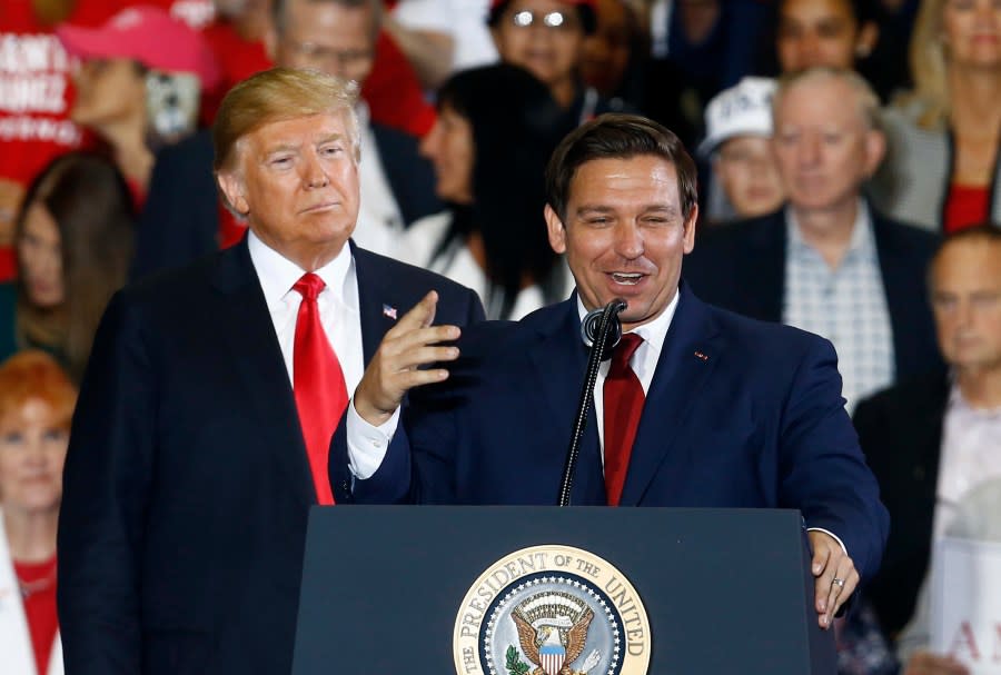 FILE- President Donald Trump stands behind gubernatorial candidate Ron DeSantis at a rally in Pensacola, Fla., Nov. 3, 2018. Trump and DeSantis are signaling to donors that they’re putting their rivalry behind them. DeSantis has convened his allies this week in Fort Lauderdale, Fla., to press them to support Trump. He argued to them Wednesday, May 22, 2024, that they need to work together to prevent President Joe Biden from winning a second term. (AP Photo/Butch Dill, File)