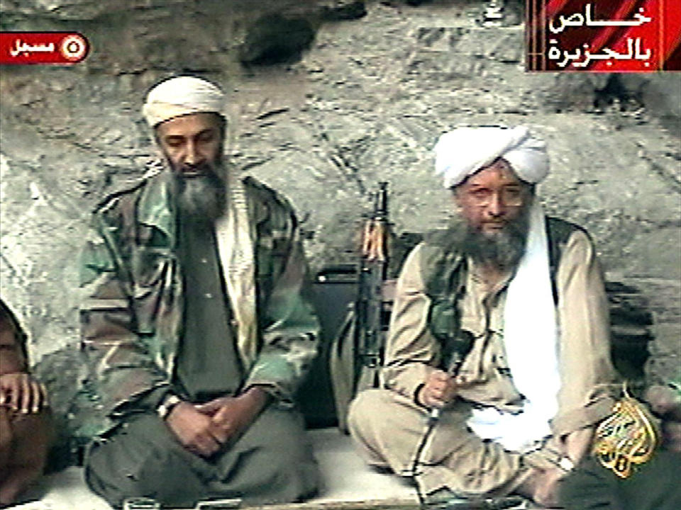 Osama bin Laden and Ayman al-Zawahiri speak on Al-Jazeera television in October 2001 against U.S. attacks on the Taliban regime in Afghanistan.  (AP file)