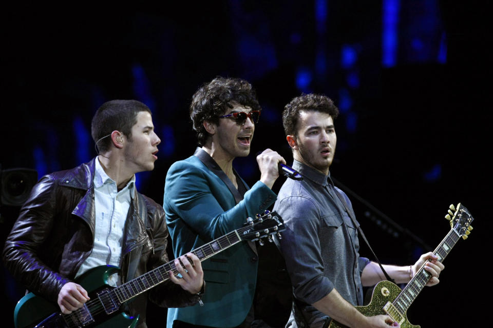 The Jonas Brothers, perform at the Vina del Mar International Song Festival in Vina del Mar, Chile, Tuesday, Feb. 26, 2013. Believed to be one of the largest musical events in Latin America, the annual 5-day festival was inaugurated in 1960. (AP Photo/Luis Hidalgo)